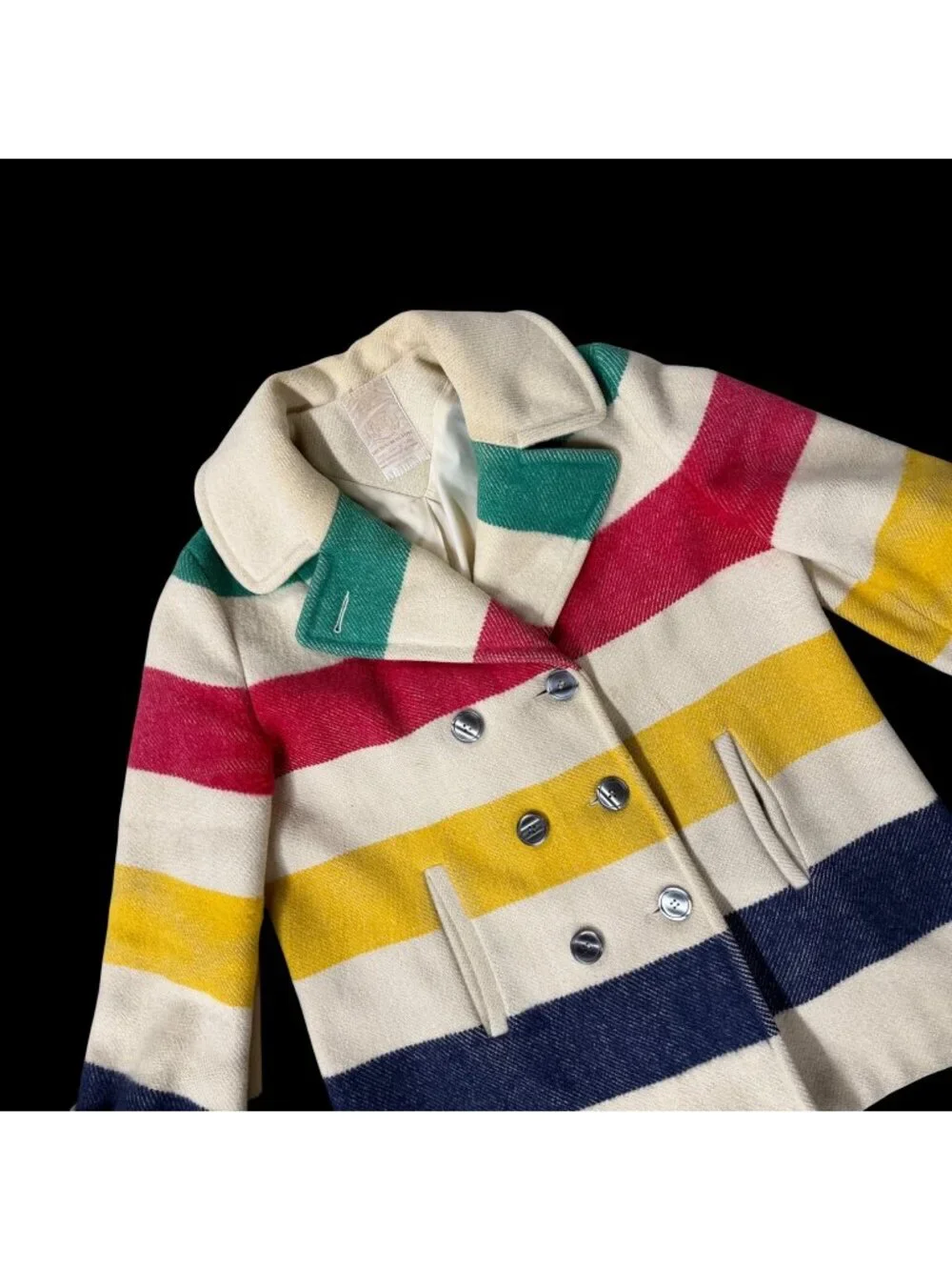 Vintage Hudsons Bay 4 Point Wool Blanket Coat Double Breasted Stripes Canada 70s